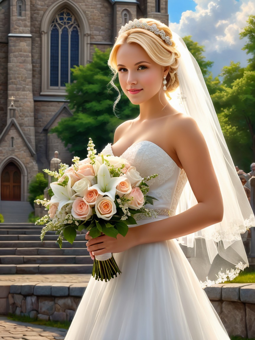 Radiant Bride in Strapless Gown Outside Stone Church
