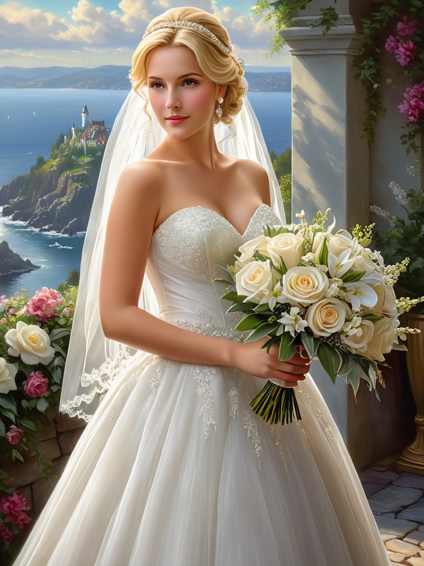 Elegant Bride in Lace Gown with Coastal Backdrop