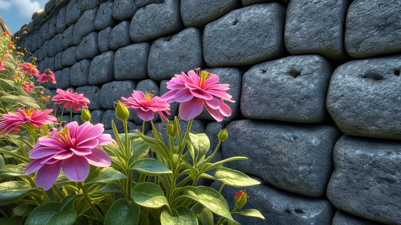 Pink Flowers Against Rustic Stone Wall Background