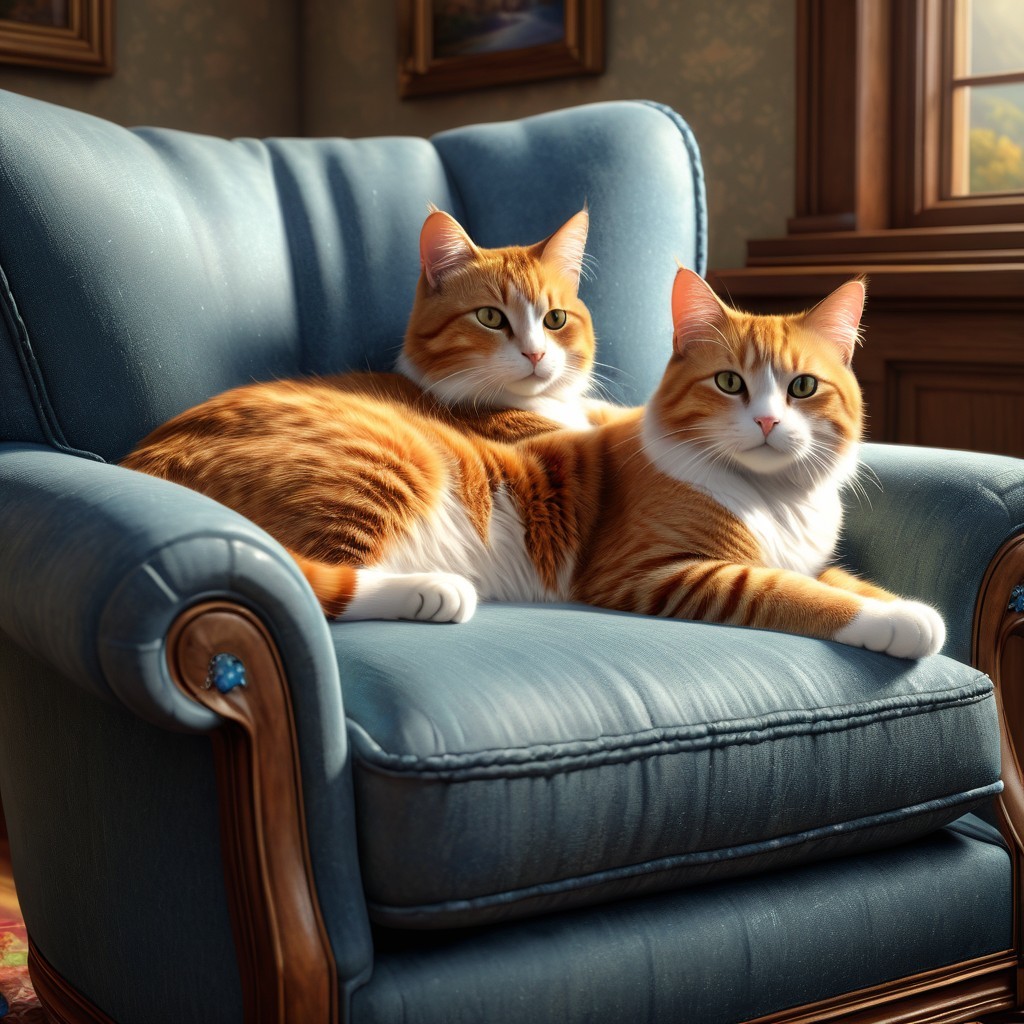 Two orange tabby cats on a blue armchair in cozy room