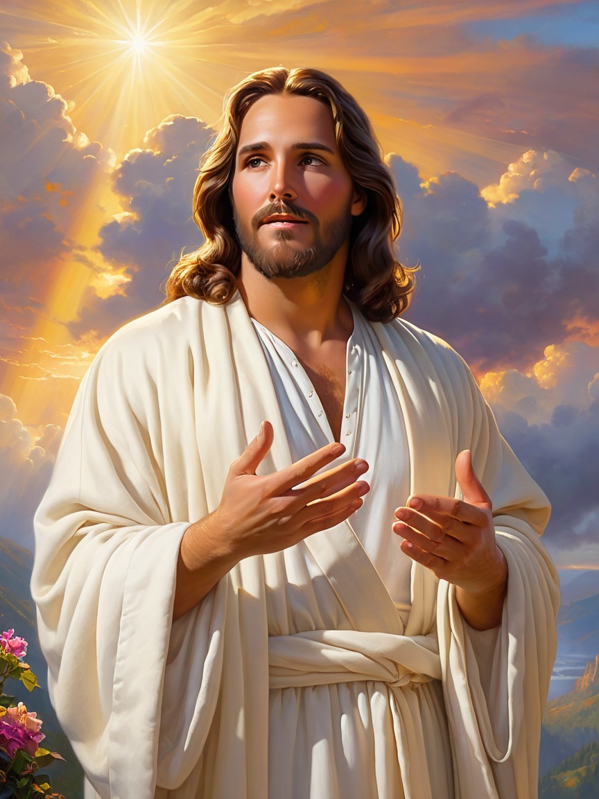 Serene Figure in White Robe Against Radiant Sunset