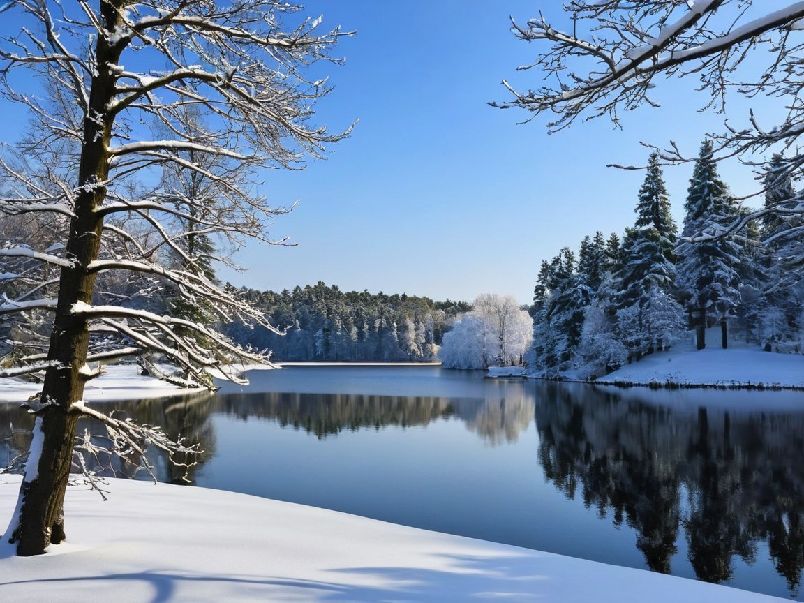 Serene Winter Landscape with Tranquil Lake and Snow