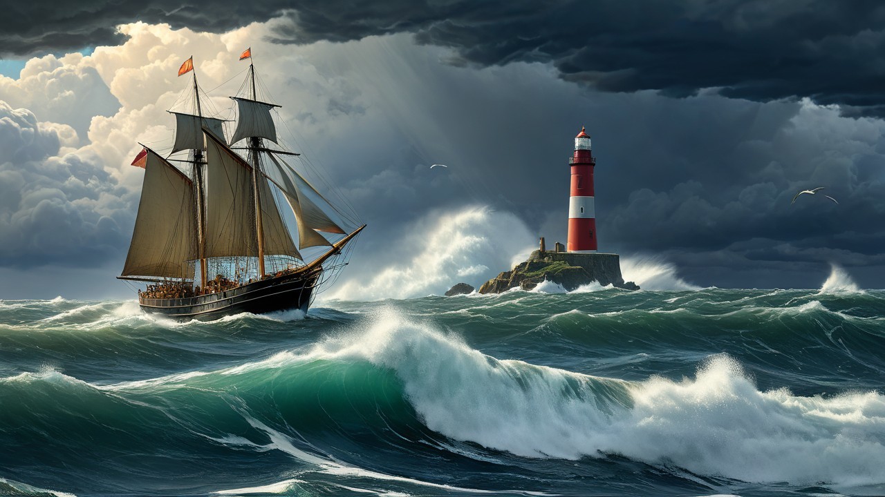 Majestic ship navigating turbulent waters under clouds