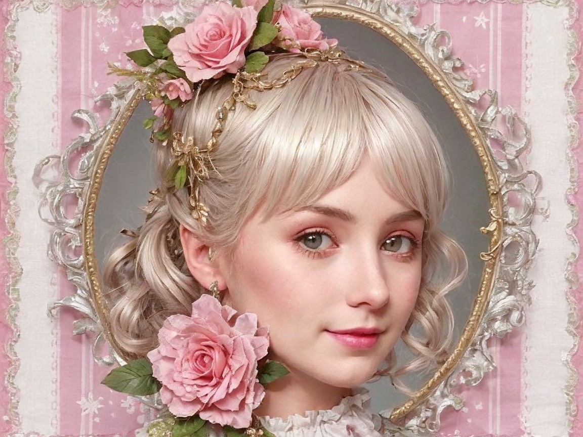 Young woman with floral decorations in pastel attire
