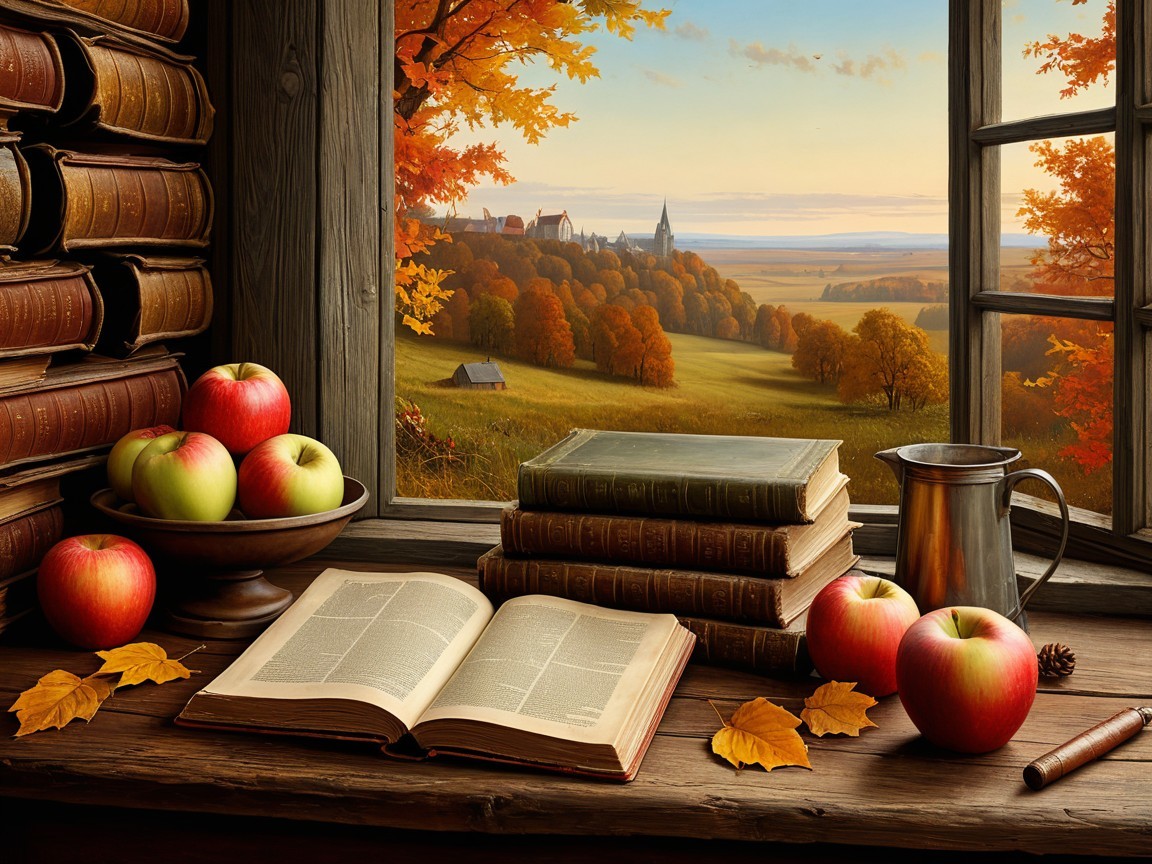 Cozy Autumn Scene with Books and Fresh Apples