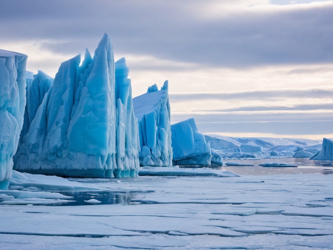 Icy Landscape with Blue Icebergs and Calm Water