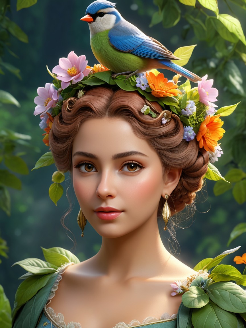 Young Woman with Floral Crown and Whimsical Bird