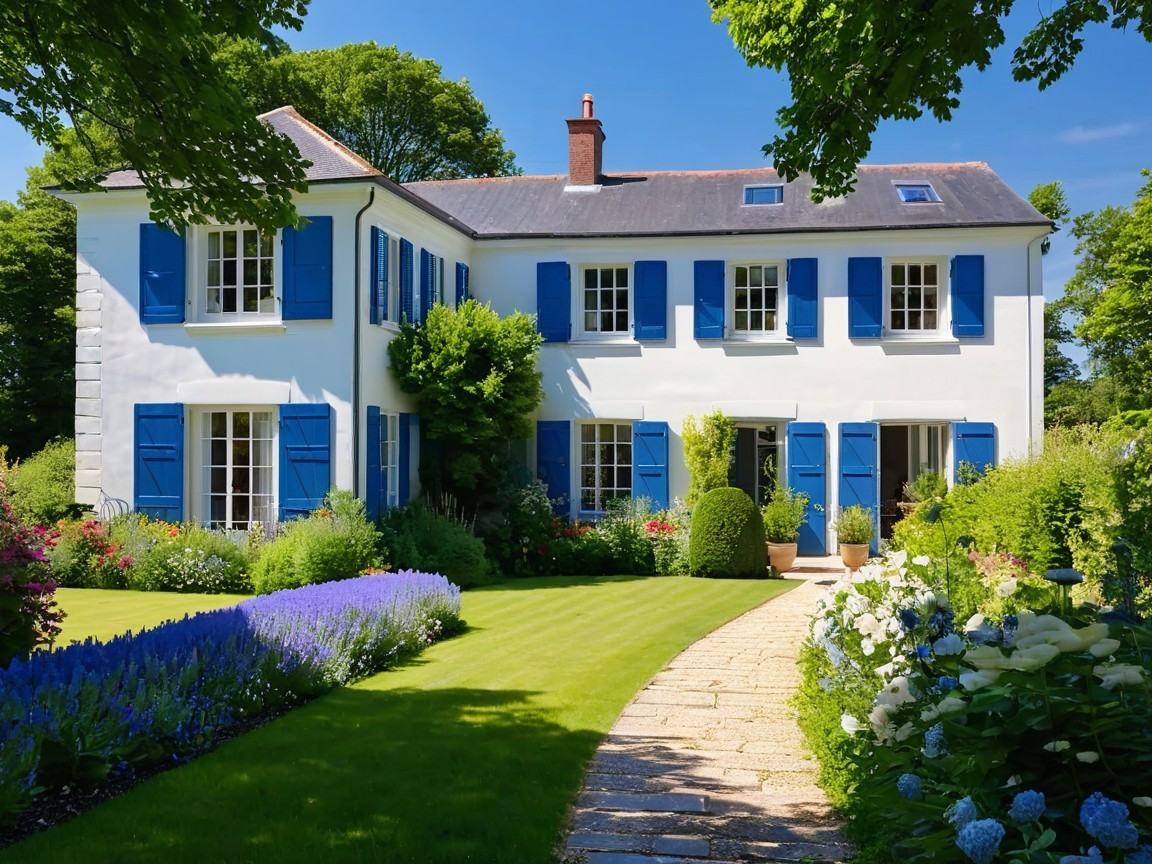 Charming White House with Blue Shutters and Gardens
