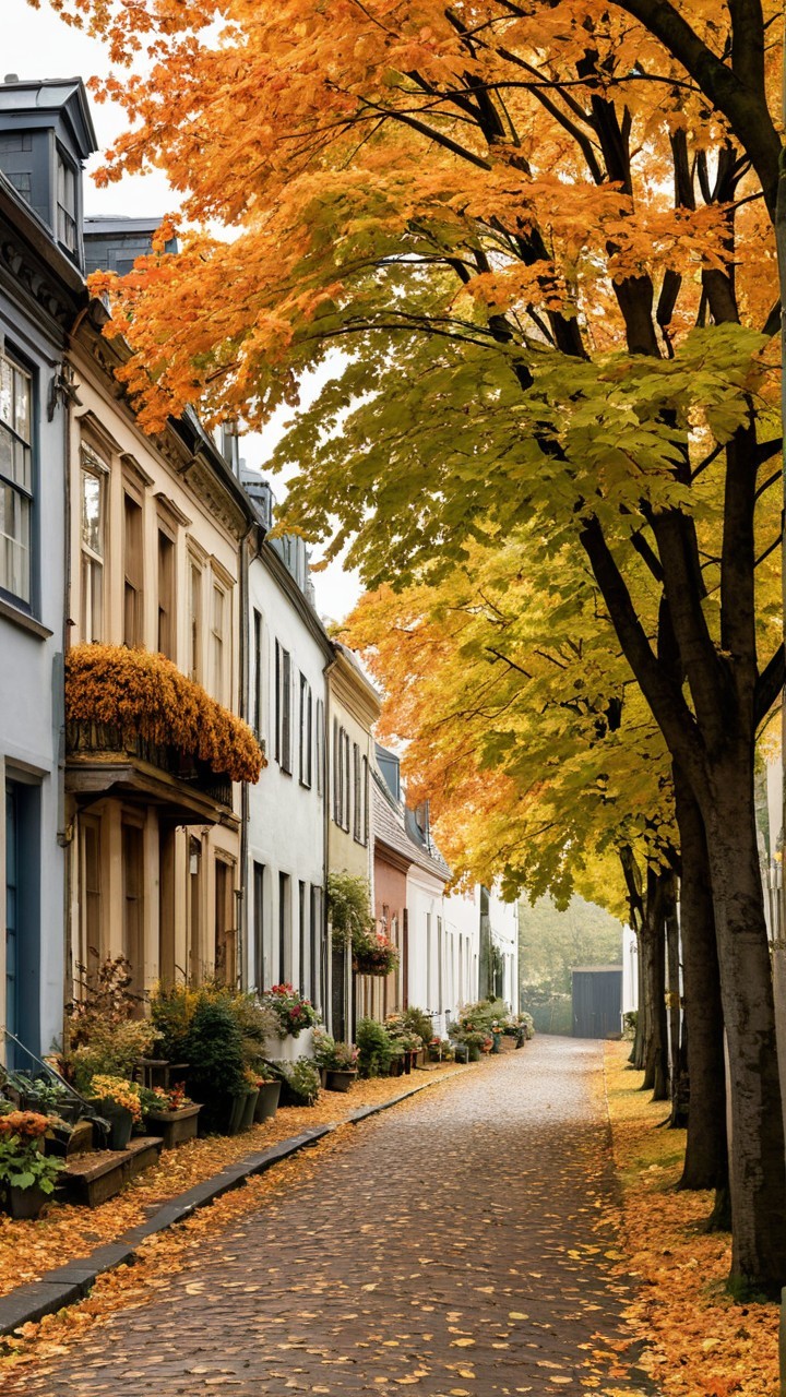 Charming Autumn Street with Colorful Houses and Leaves
