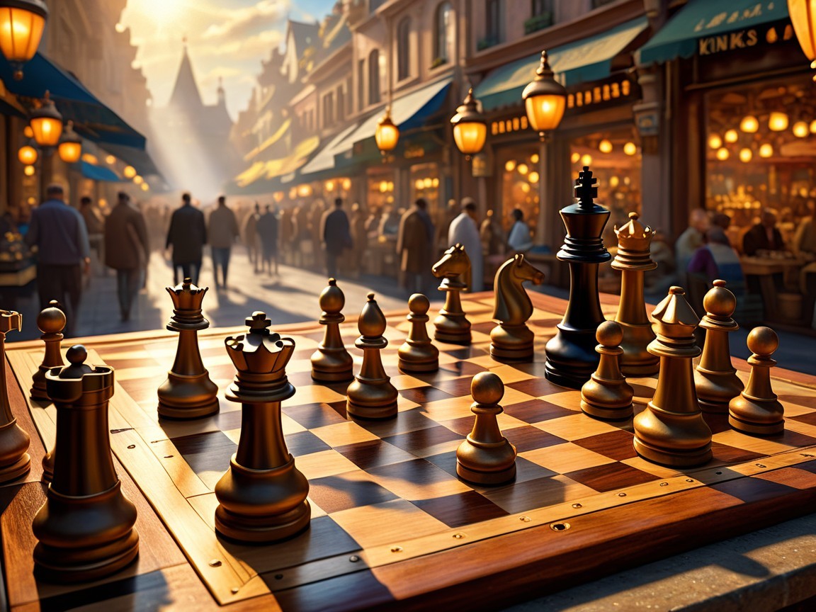 Wooden chessboard displayed on a vibrant street scene