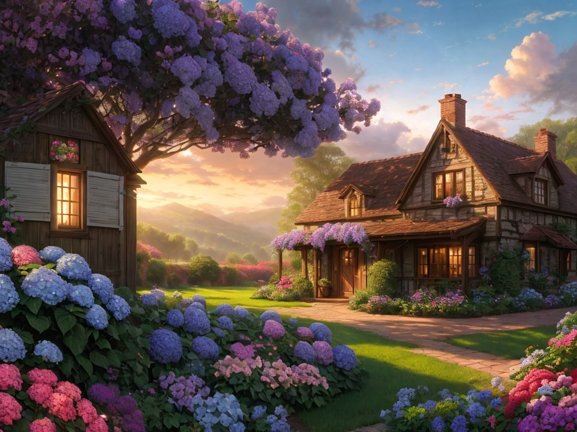 Cottage Surrounded by Blooming Hydrangeas and Greenery