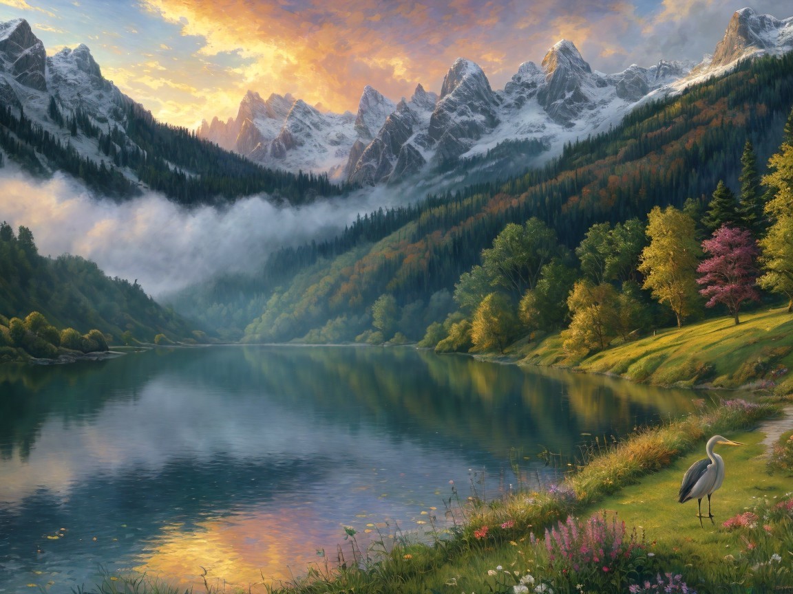 Tranquil Lake and Sunset Over Snow-Capped Mountains