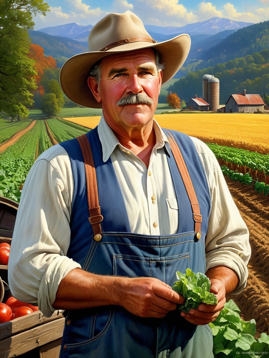 Farmer in Vibrant Field with Fresh Vegetables and Barn