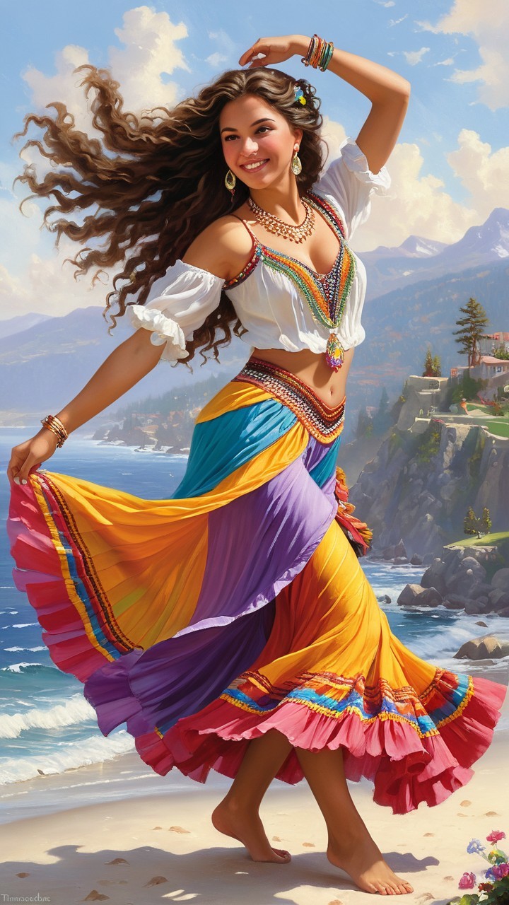 Joyful Woman Dancing by the Seaside in Colorful Attire