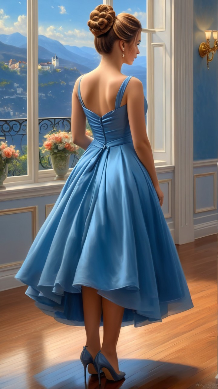 Elegant Woman in Blue Dress with Scenic Background