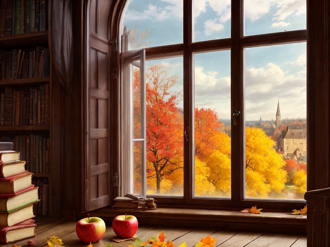 Cozy Room with Arched Window and Autumn Decor