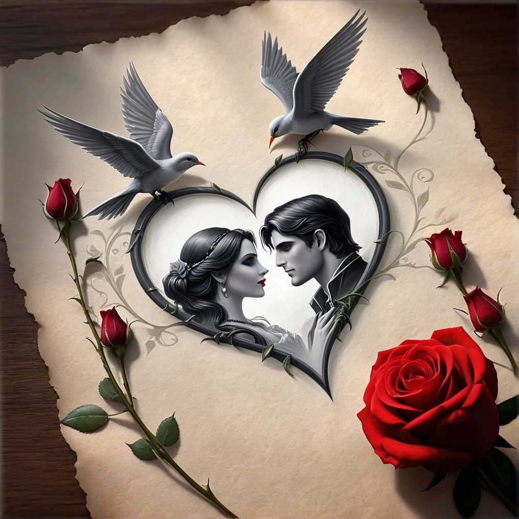 Couple's Profile in Heart Surrounded by Vines and Doves