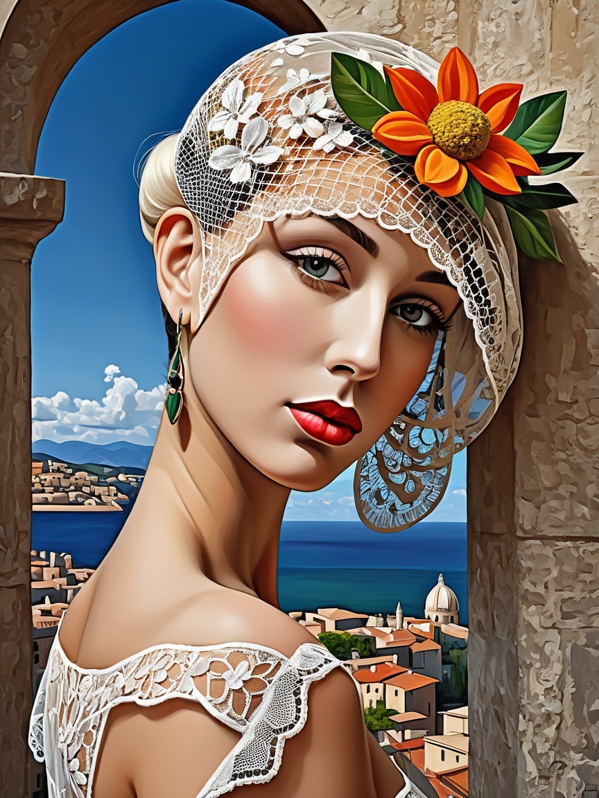 Young woman in lace veil at coastal town archway