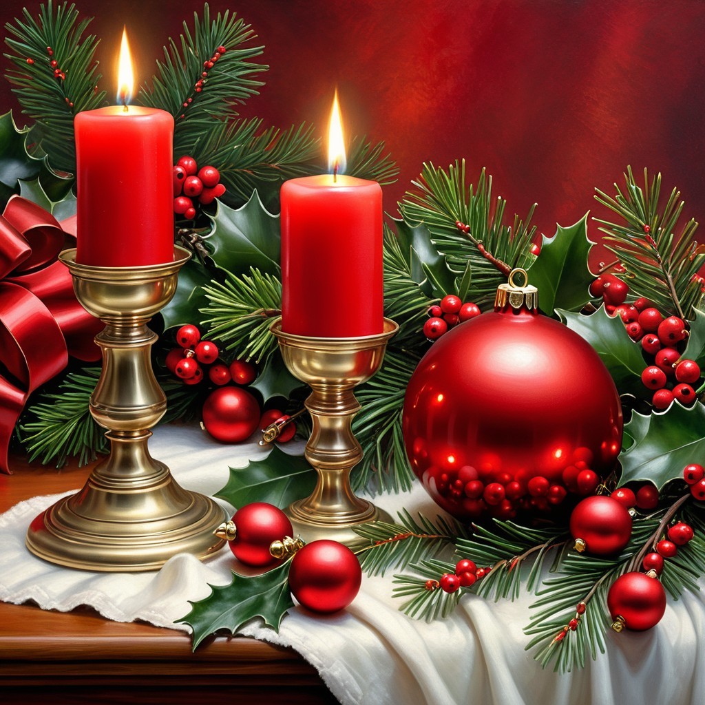 Red Candles and Ornaments on White Tablecloth