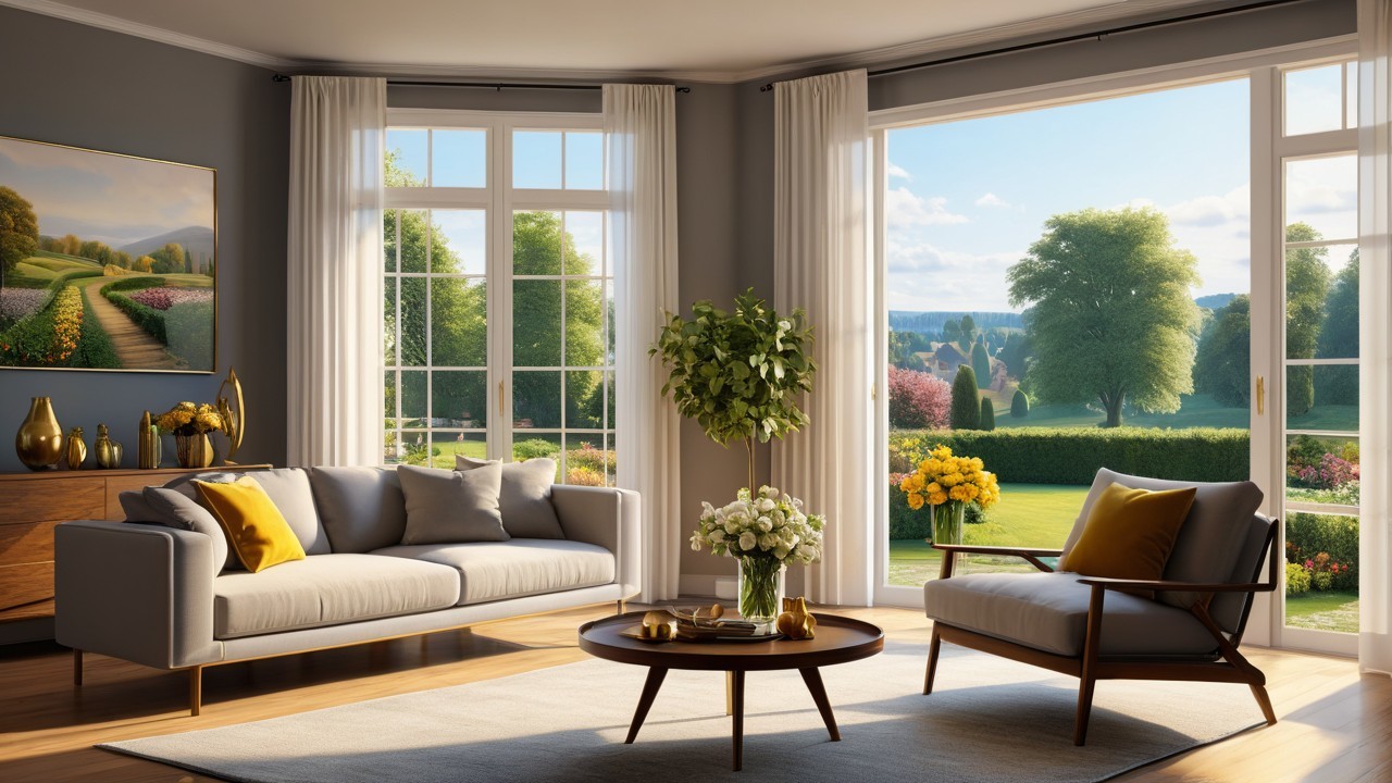 Bright Living Room with Garden View and Cozy Decor
