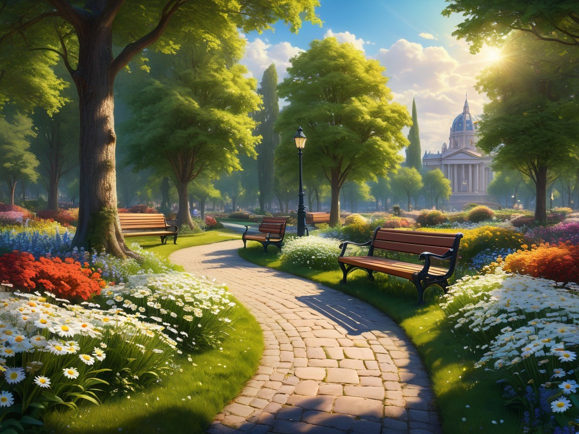 Vibrant Park Scene with Flowers and Cobblestone Path