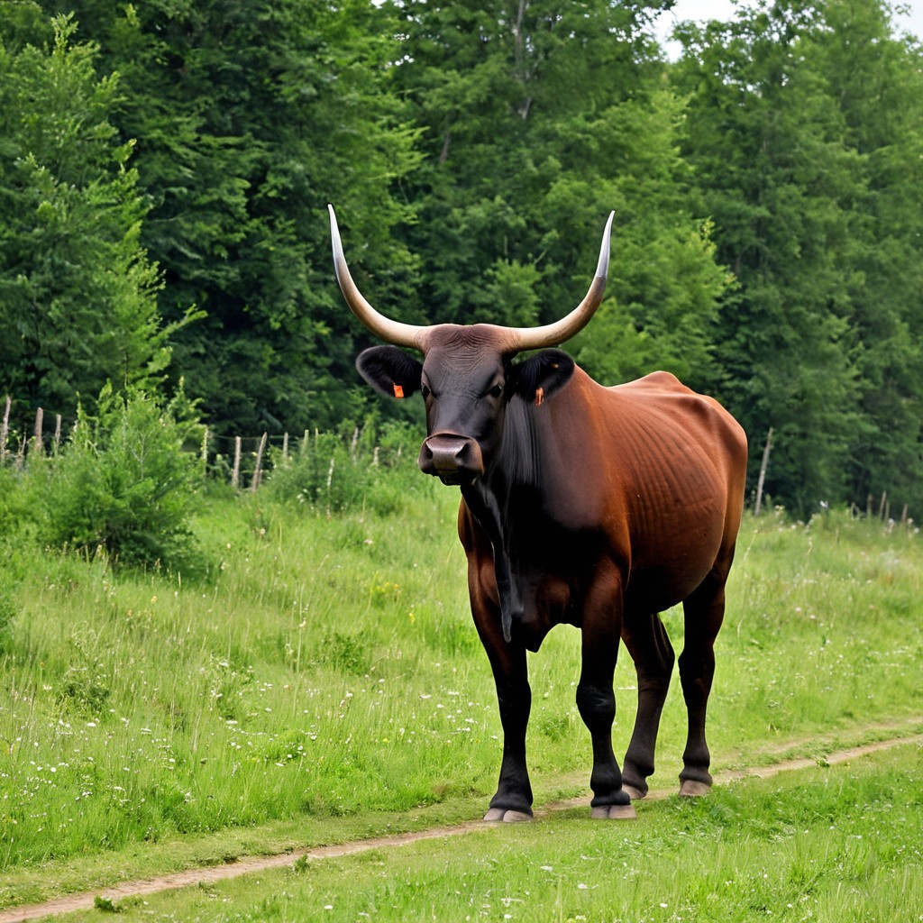Brown Cow on Grassy Path in Serene Landscape
