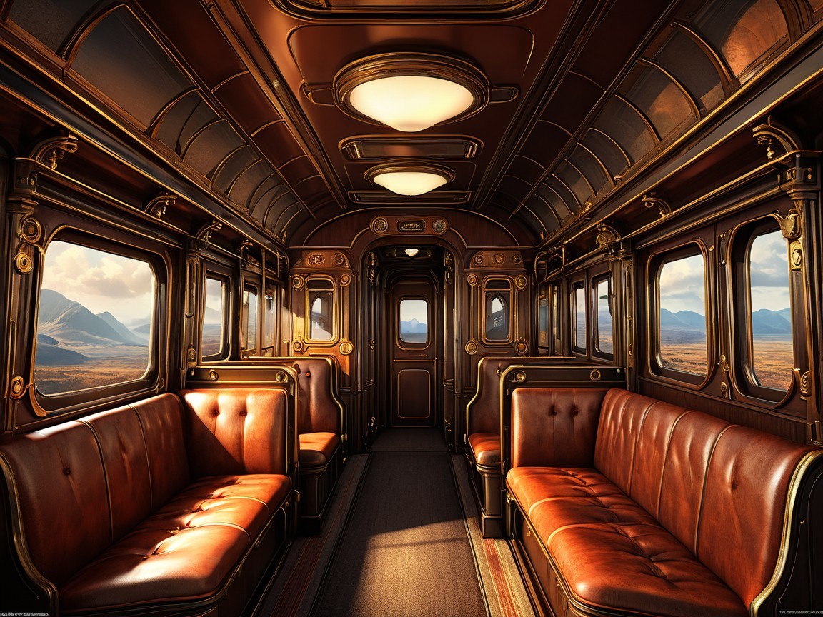 Elegant Vintage Train Carriage Interior with Scenic Views