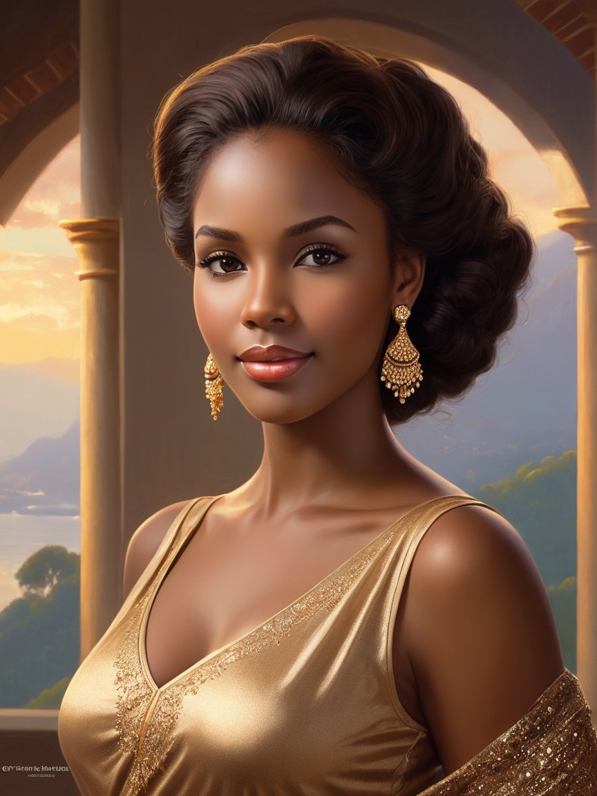 Elegant Portrait of Woman in Gold Dress at Sunset