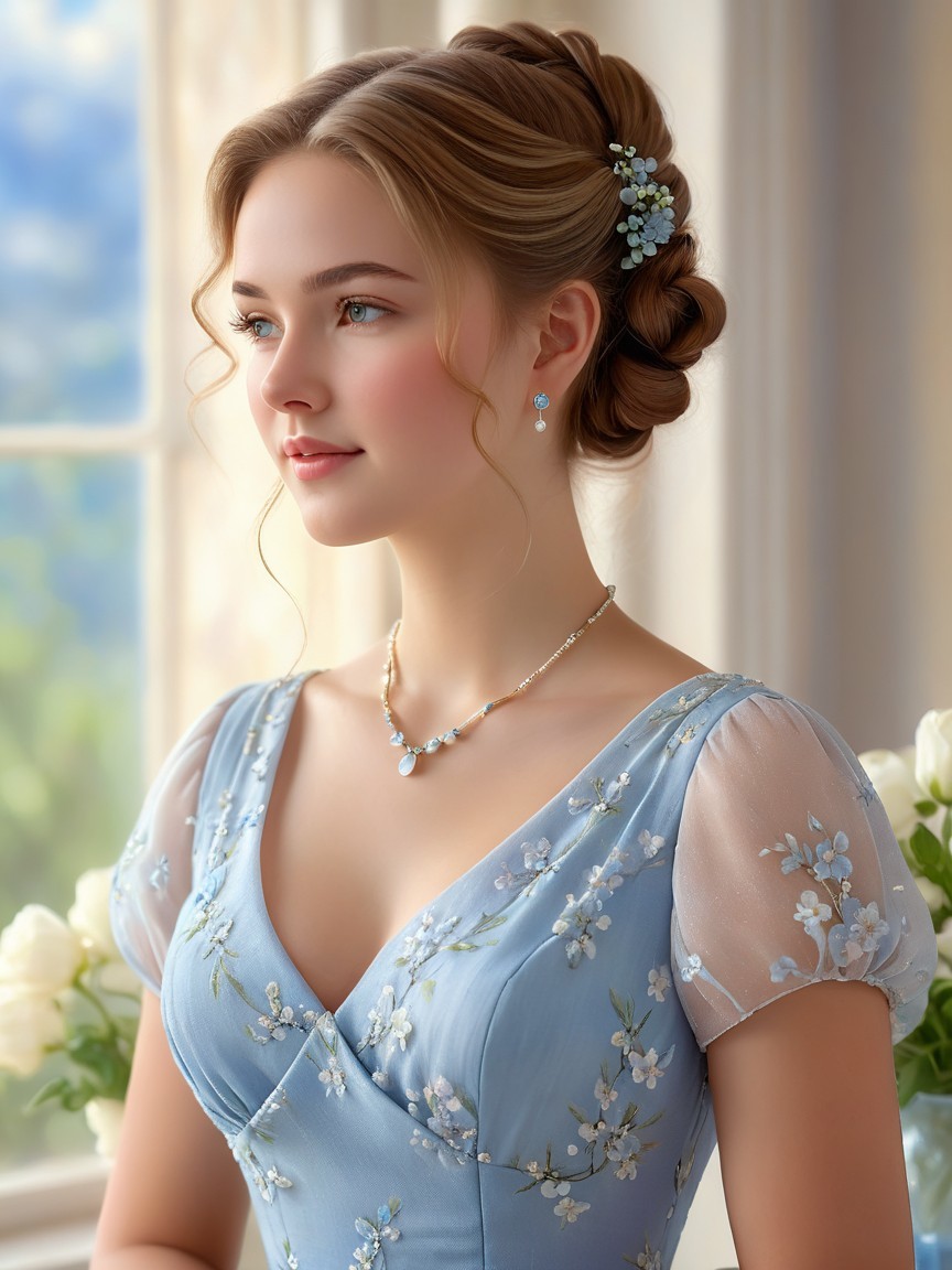 Young woman in floral dress gazing out a window