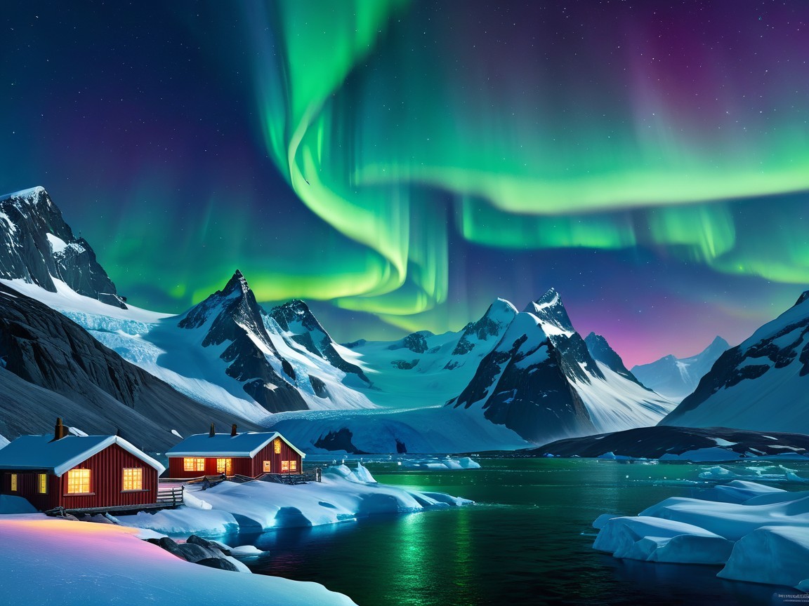 Winter Landscape with Cabins and Northern Lights
