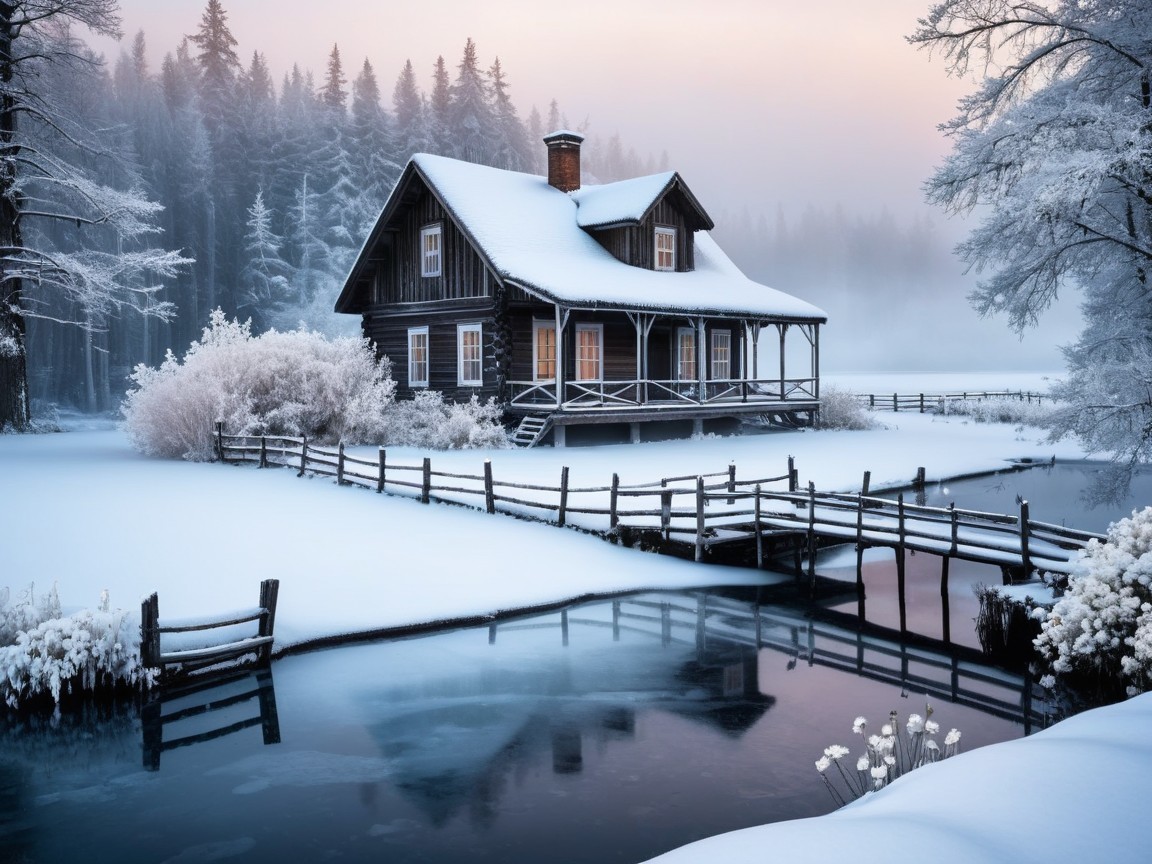 Wooden Cabin in a Snowy Landscape with Evergreens