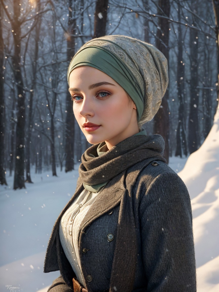 Young woman in a snowy forest with winter attire