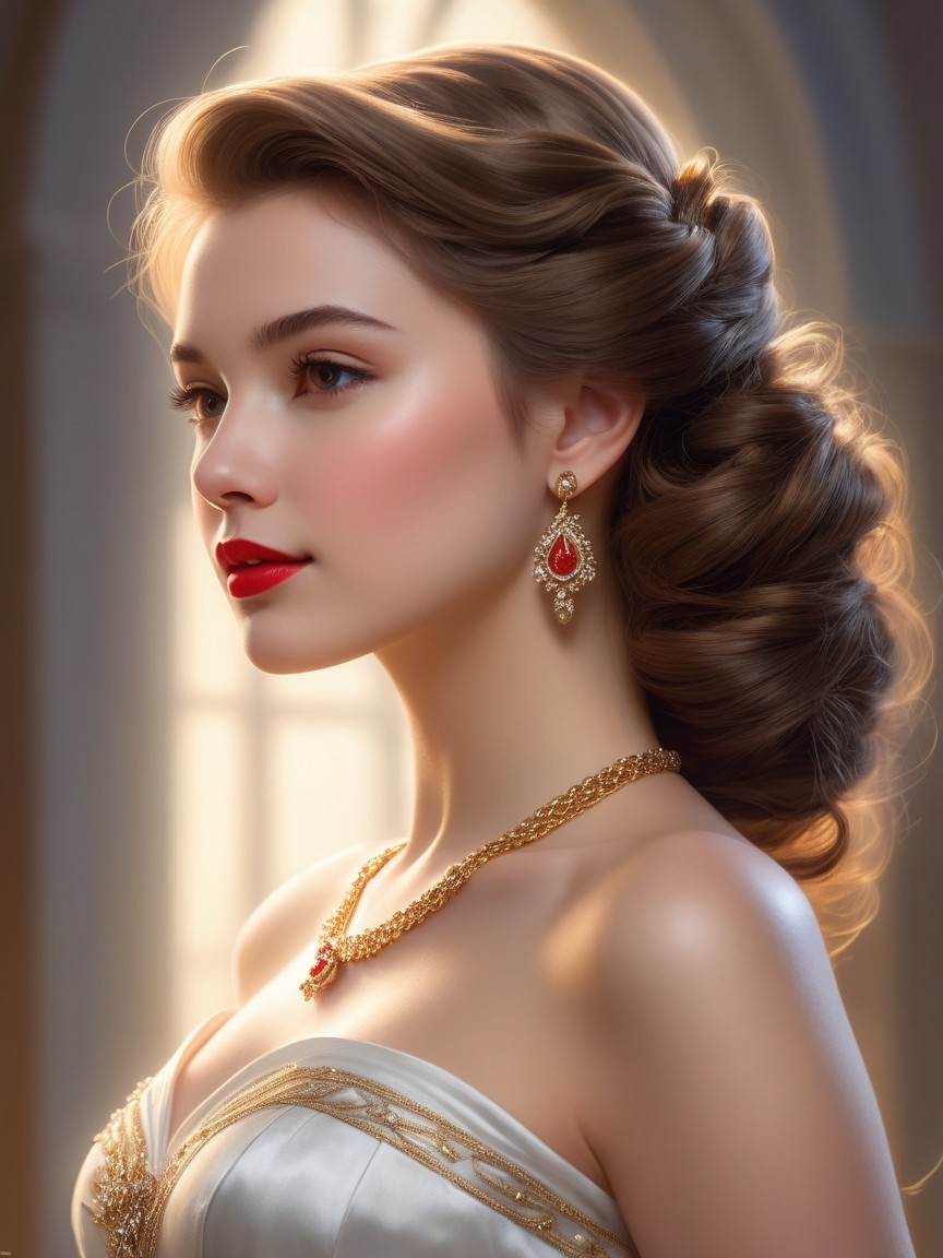 Elegant Young Woman in Luxurious Dress and Jewelry