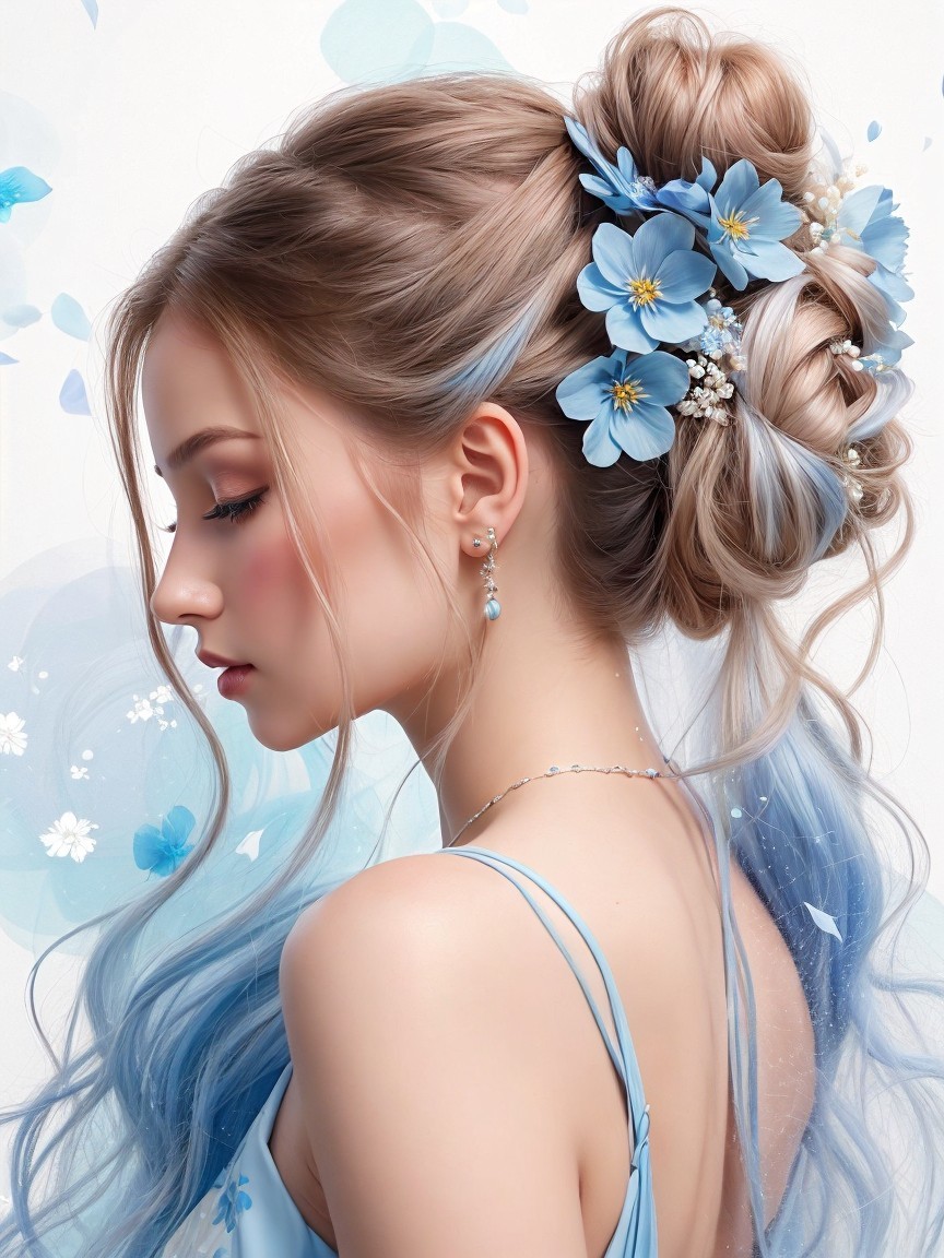 Young woman with blue flower hair and dress