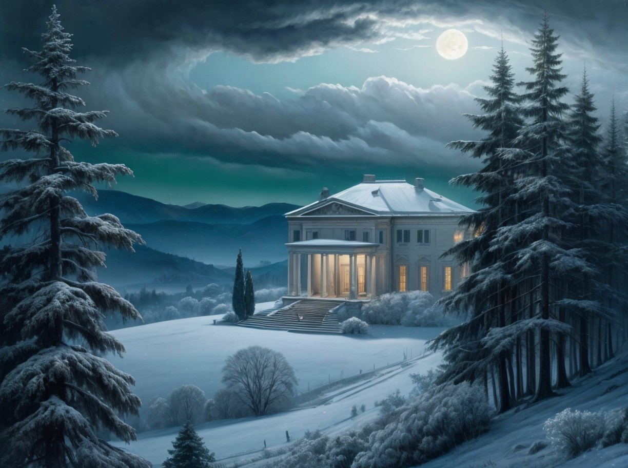 Neoclassical Mansion on Snowy Hillside at Night