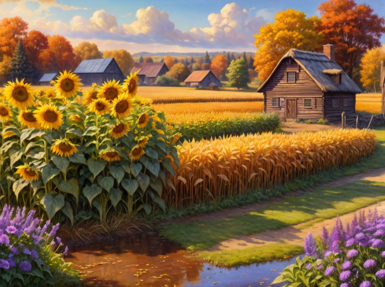 Serene Rural Landscape with Farmhouse and Sunflowers