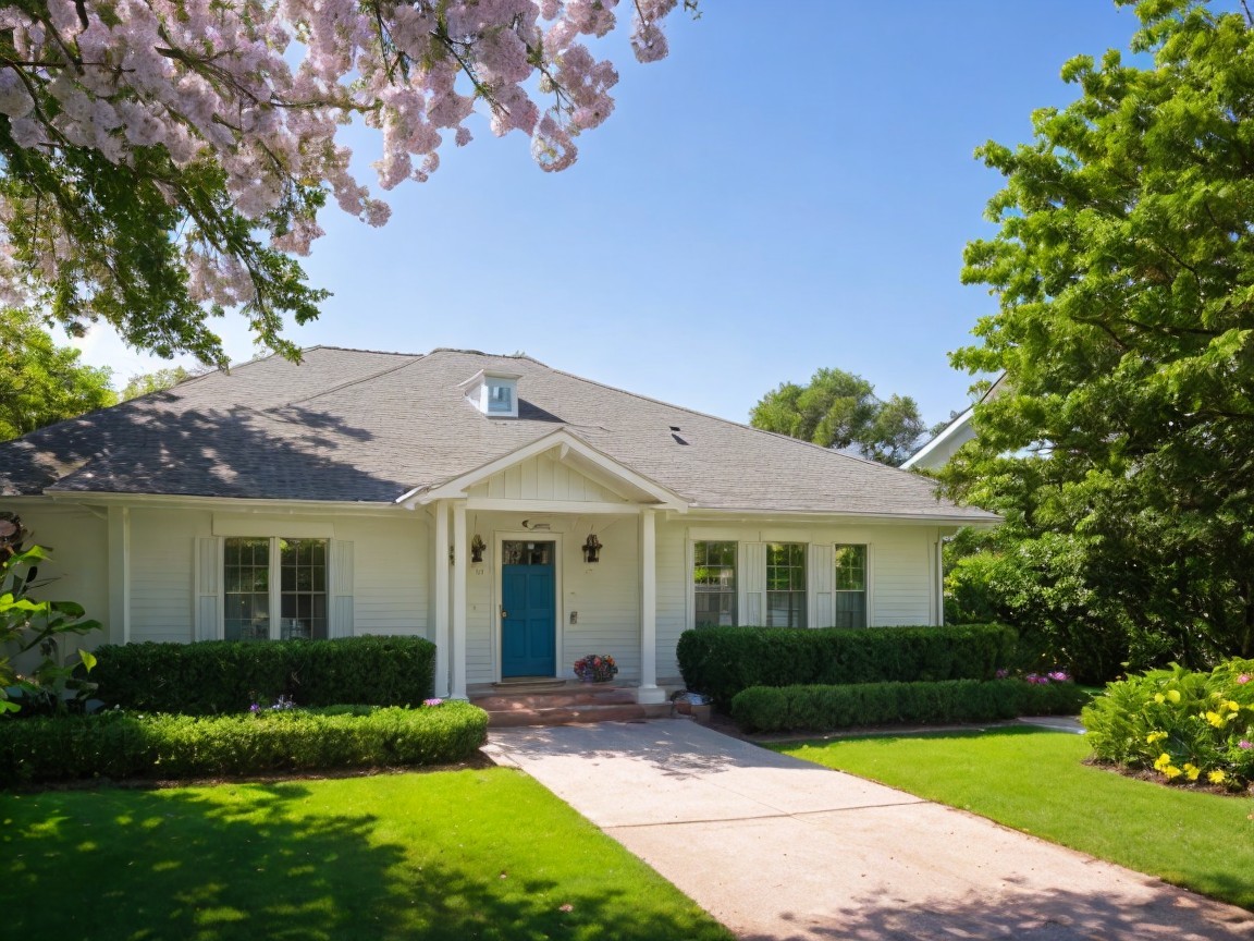 Charming Single-Story House with Blue Door and Gardens