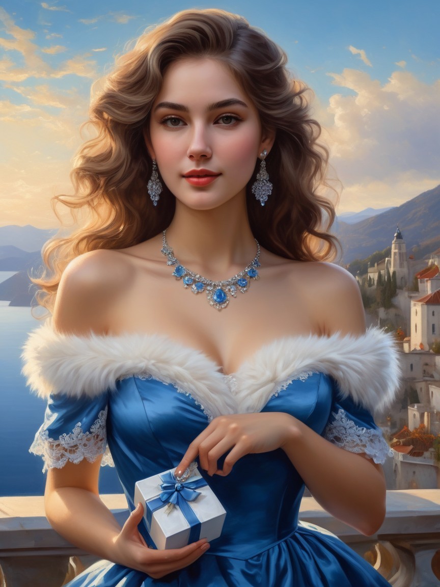 Young Woman in Elegant Gown Overlooking Coastal Town