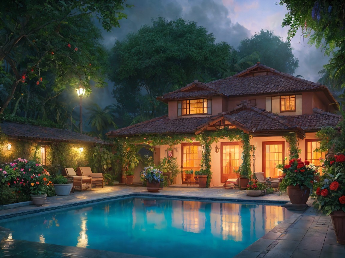 Two-Story Villa Surrounded by Tropical Garden and Pool