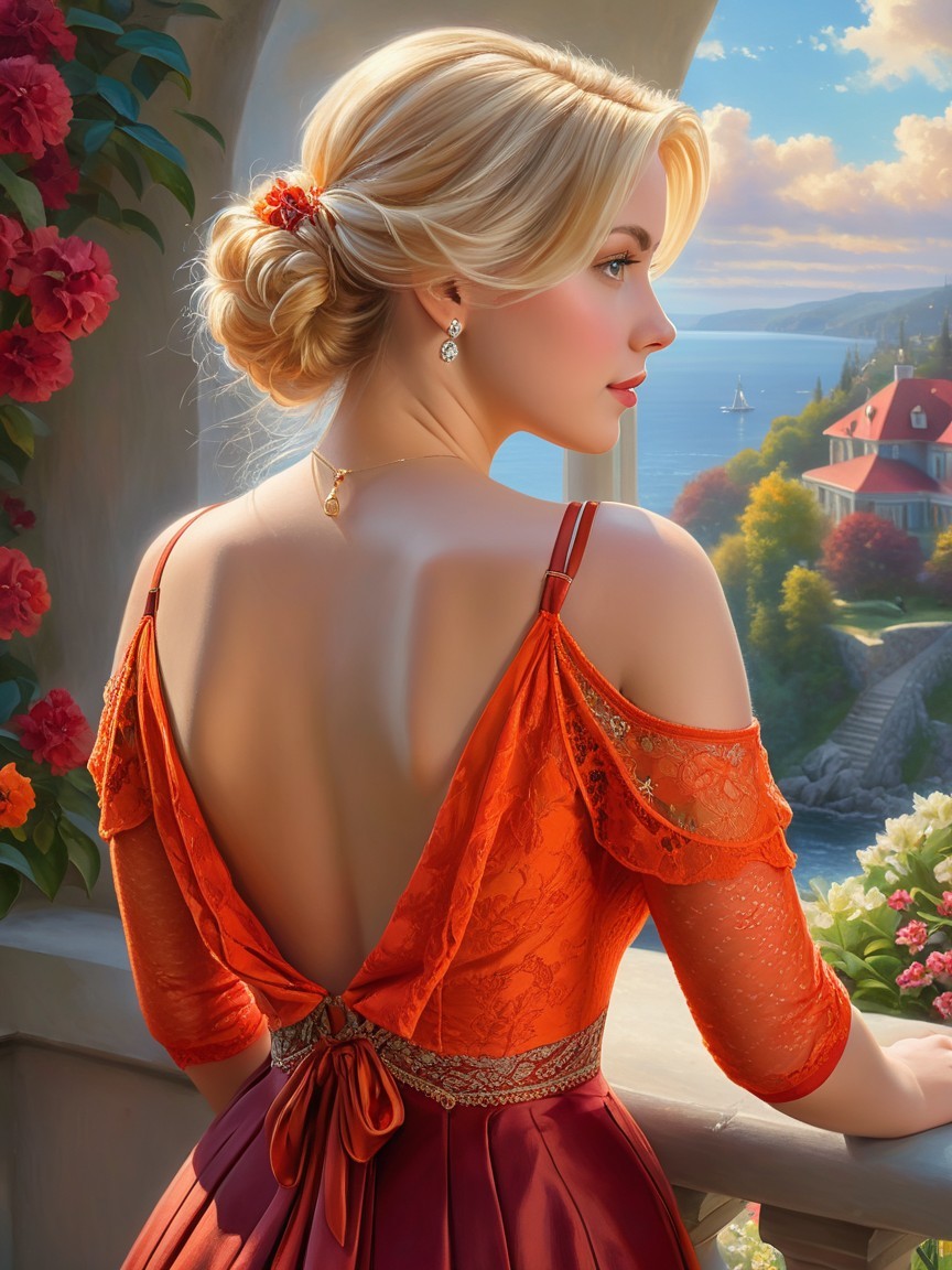 Elegant Woman in Orange Dress by Scenic Balcony