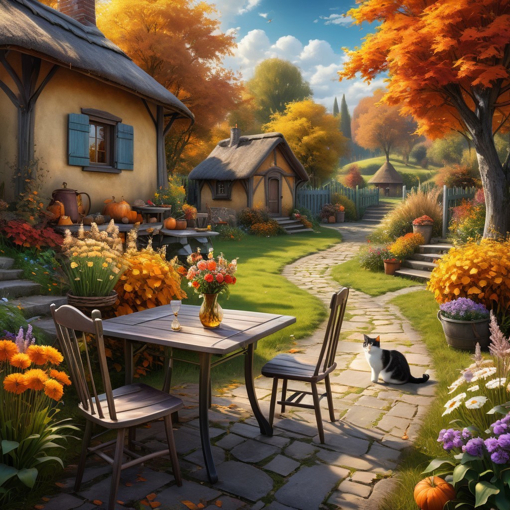 Autumn Scene with Cottages and Vibrant Foliage
