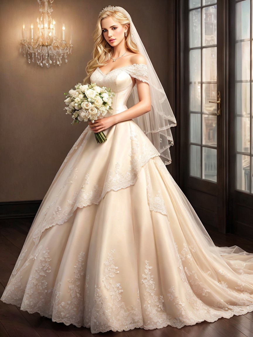 Elegant Bride in Off-the-Shoulder Wedding Gown