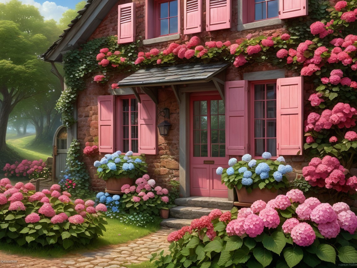 Charming Cottage Surrounded by Vibrant Blooms and Greenery