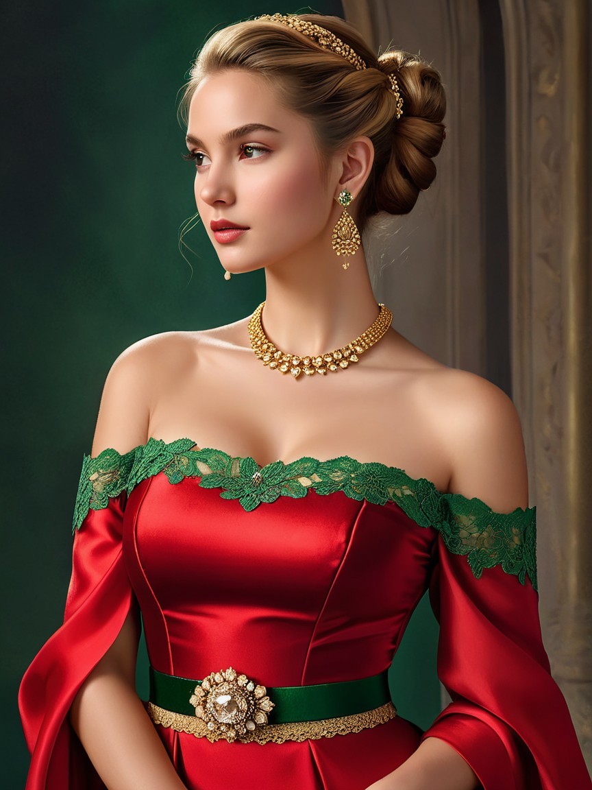 Elegant Woman in Red Gown with Green Lace Accents