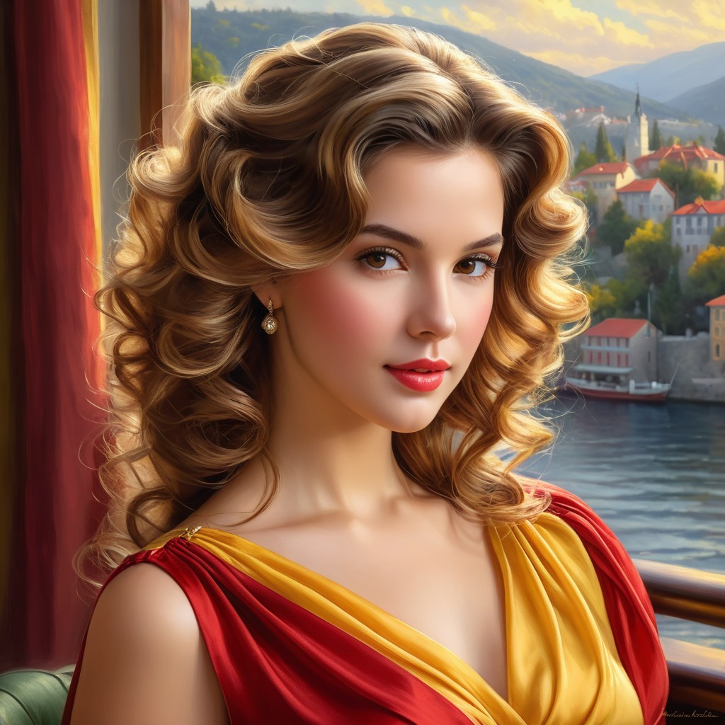 Young woman in vibrant dress by a scenic lake