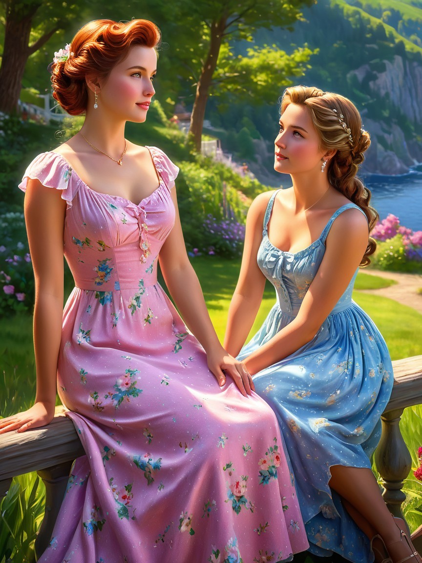 Women by Lakeside in Floral Dresses Amid Nature
