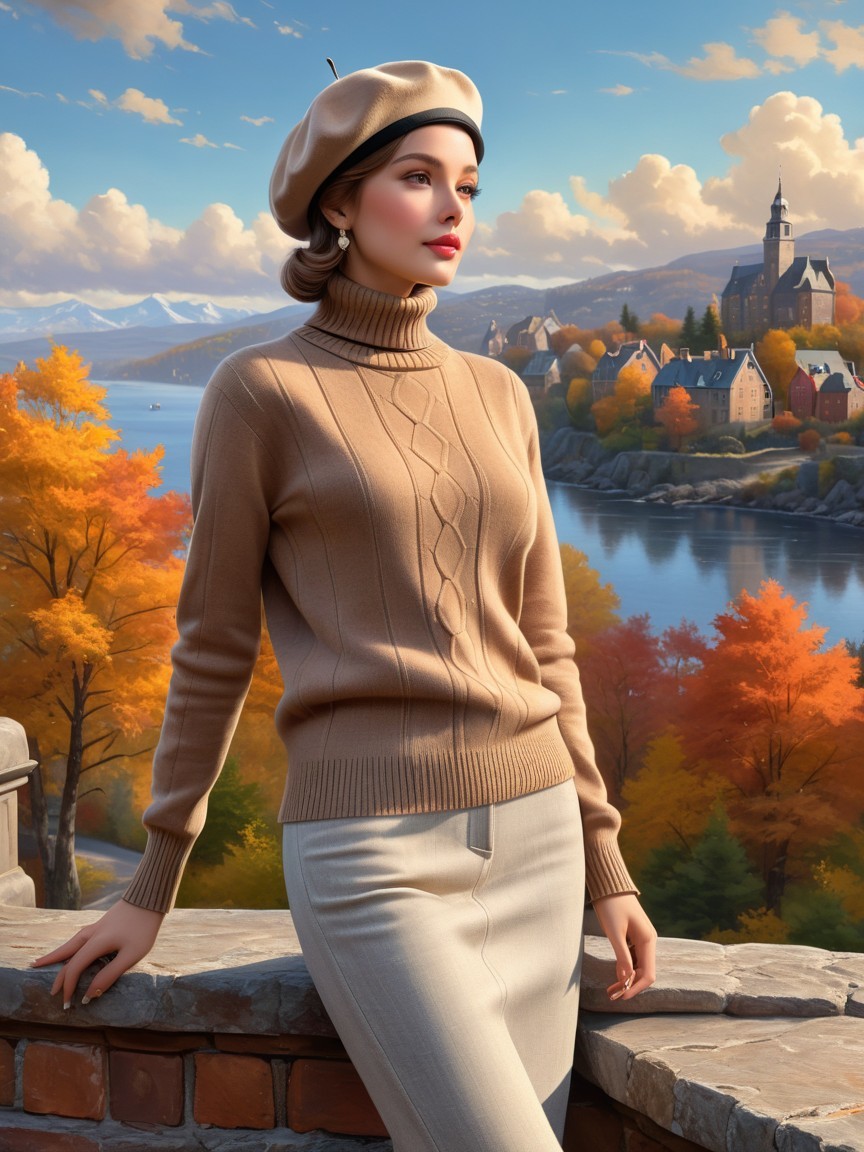 Stylish Woman in Autumn Foliage by Scenic Lake