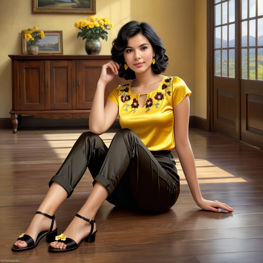 Young woman in yellow top poses in bright room