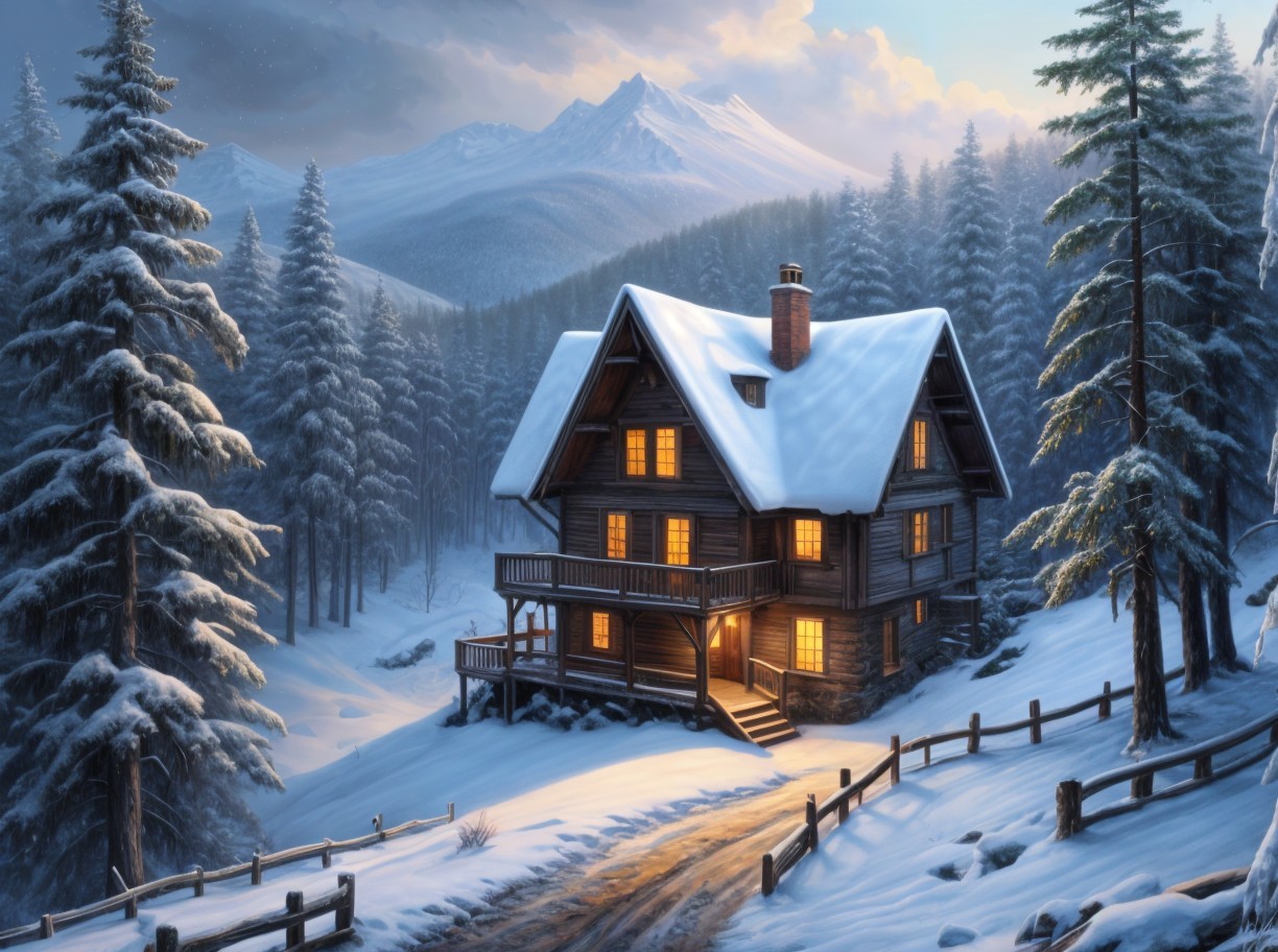 Cozy Wooden Cabin in Snowy Mountain Landscape