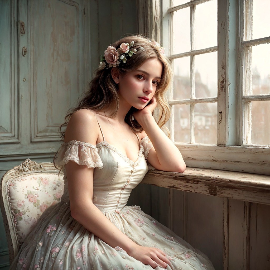 Young woman in floral gown by vintage window